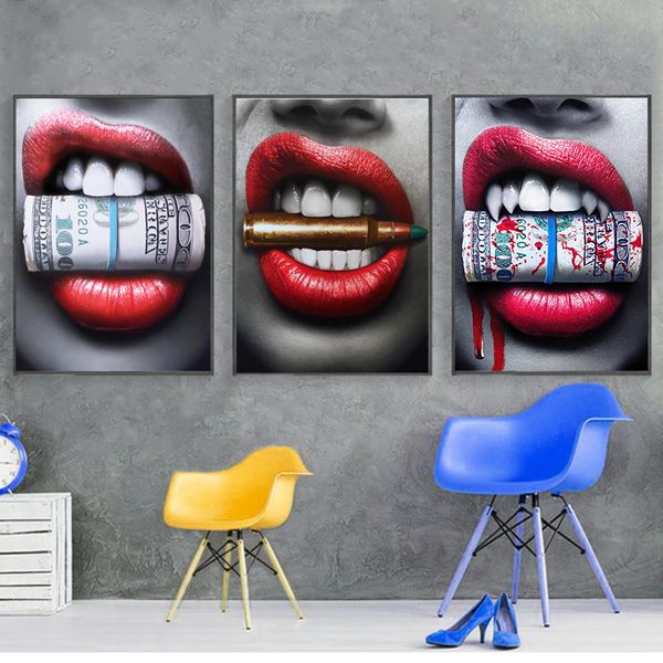 Art mural Sexy lèvres rouges morsure balle et argent peintures sur toile modernes pour salon affiches imprime décor à la maison