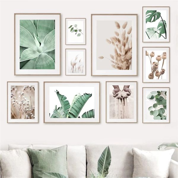 Arte de pared planta tropical hojas lienzo pintura cola de conejo hierba y flores carteles y estampados decoración de la habitación escandinava