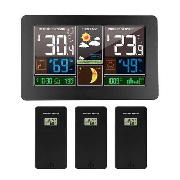 Corloge murale LCD Station météorologique numérique 3 Capteur sans fil sans fil thermomètre intérieur thermomètre baromètre Prévision de la montre moderne Y20329U