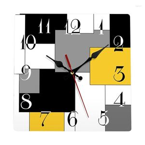 Horloges murales 1 pièce Horloge silencieuse sans tic-tac abstrait géométrique minimaliste à carreaux carré rustique (12 pouces)