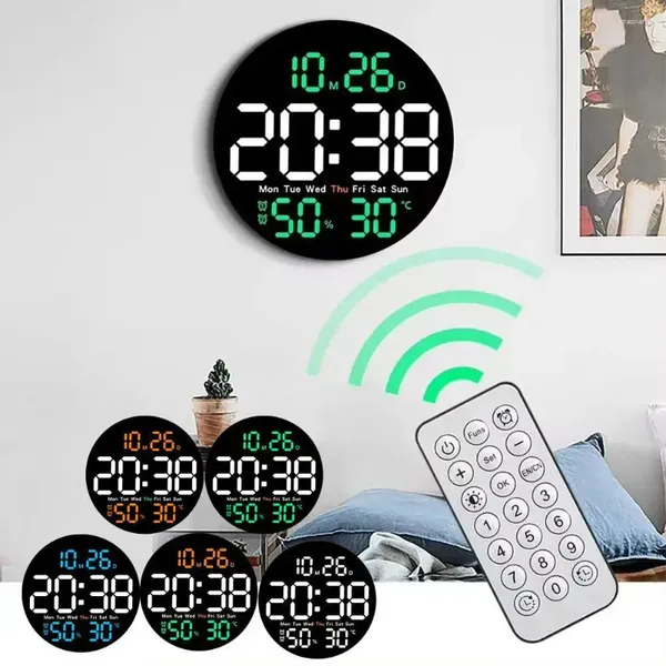 Relojes de pared Reloj LED redondo de 10 pulgadas con control remoto Temperatura de atenuación automática Temperatura Humedad Fecha Pantalla Alarma digital