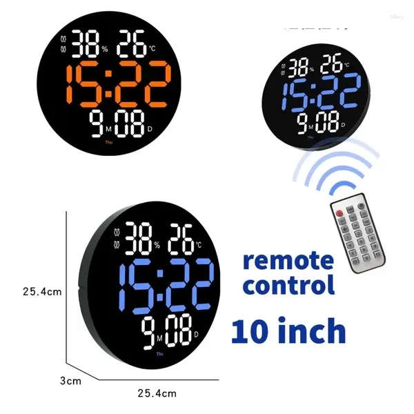 Relojes de pared 10 pulgadas LED redondo LED grande Pantalla digital Temperatura de reloj y humedad Fecha de cuenta regresiva Alarma