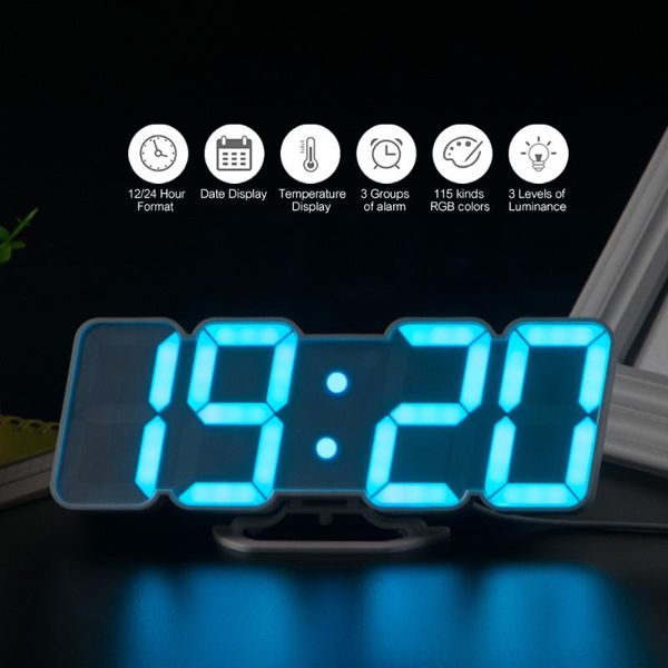 Horloges murales 10pcs 3D sans fil à distance numérique RGB LED horloge USB alimenté heure / température / date affichage contrôle du son bureau