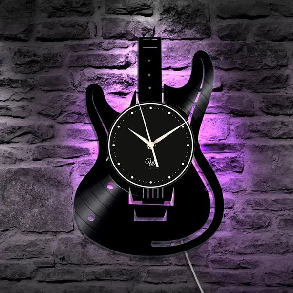 Relojes de pared Reloj de grabación de vinilo retro con enchufe europeo de 12 pulgadas con luces LED RGB para amantes de la música rock de guitarra Decoración del hogar 231030