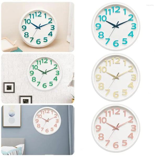 Relojes de pared Reloj silencioso de 12 pulgadas Puntero de esfera redonda Números 3D Pantalla con batería Decoración de cuarzo de plástico