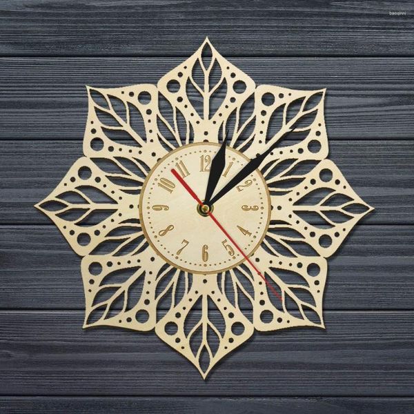 Horloges murales 12 pouces horloge en bois 3D Mandala fleur sculpture motif Art géométrie Yoga décoration moderne