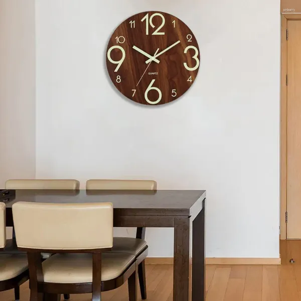 Relojes de pared Reloj de madera de 12 pulgadas que brilla en la oscuridad Marrón oscuro MDF Números blancos Decoración del hogar silenciosa Moderna