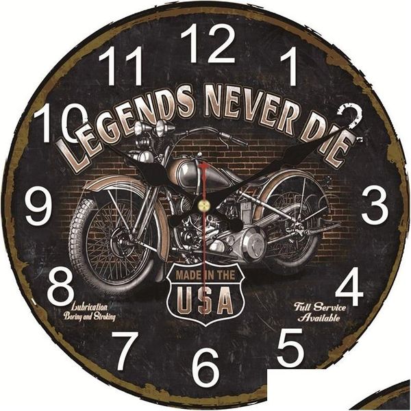 Horloges murales 16 pouces rustique ferme vintage horloge moto légendes ne meurent jamais grand parcours de course silencieux à piles Drop Deliver Dhifd
