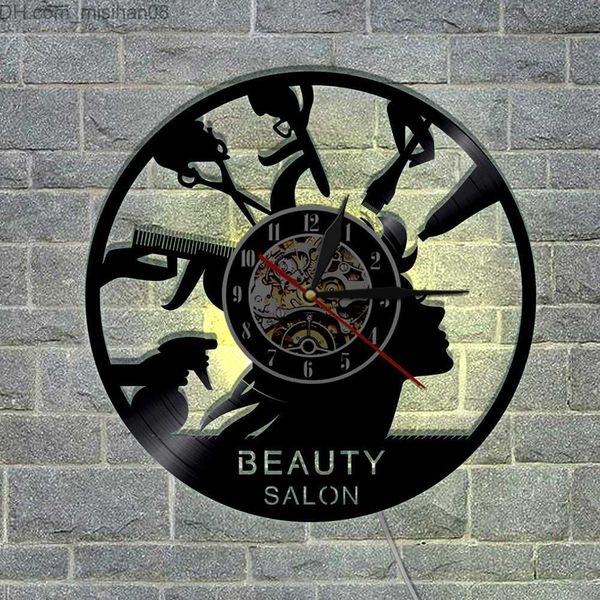 Horloges murales 1 pièce Salon de beauté Record Horloge murale Salon de coiffure Unique Art Décor LED Lumière avec changement de couleur Suspendu Montre Z230707