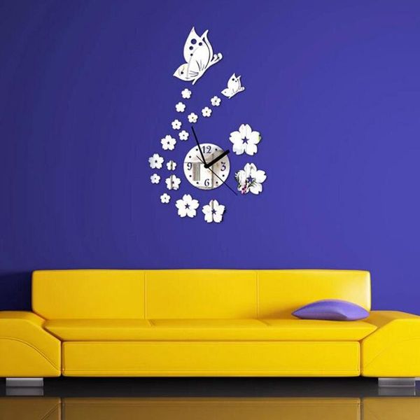 Horloges murales 2021 arrivée papillon 3D bricolage acrylique miroir montre grand décor à la maison salon Quartz aiguille