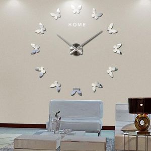 Wandklokken 2022Diy Mirror Acryl Butterfly Big Clock Oversized 3D Sticker Home Silent Modern Design Decoratie