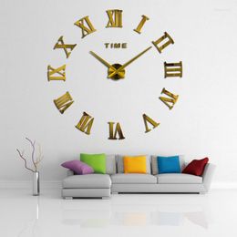 Wandklokken 2023 3d Romeinse cijfer klok acryl spiegel sticker mode DIY Quartz Watch Home Decoration Living Room Stickers