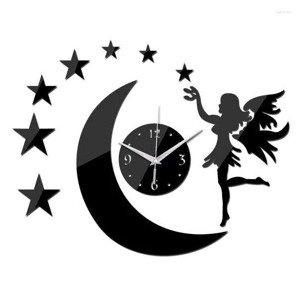 Horloges murales 2024 Horloge noire Design moderne Lune Elf Miroir DIY 3D Autocollants Montres Salon Quartz Montre Portrait