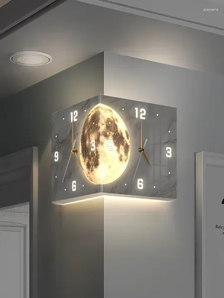 Horloges murales 2024 Salon Coin Double face Lumineux Creative Horloge Lampe Lune Sans Trou