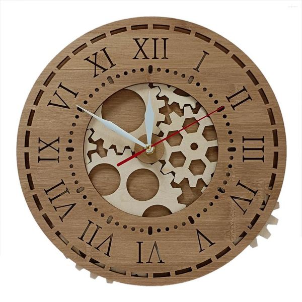 Relojes de pared 3 capas Engranajes Reloj de madera cortado con láser para la sala de oficina en casa Obra de arte mecánica Decoración Steampunk Ecológico Wat natural