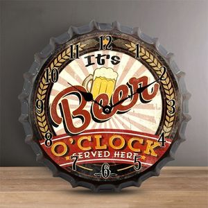 Relojes de pared de 35cm, reloj de Metal creativo, diseño moderno, tapa de botella de cerveza Retro, decoración artística 3D para Bar, cafetería, reloj colgante de hierro 220930