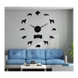 Horloges murales 3D Barzoï Diy Miroir Autocollants Numéros Muet Horloge Russe Wolfhound Sans Cadre Grande Montre Russkaya Psovaya Borzaya Cadeau D Dhkza