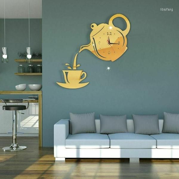 Horloges murales 3D horloge décoration bricolage acrylique tasse à café théière bureau maison cuisine salle à manger décor