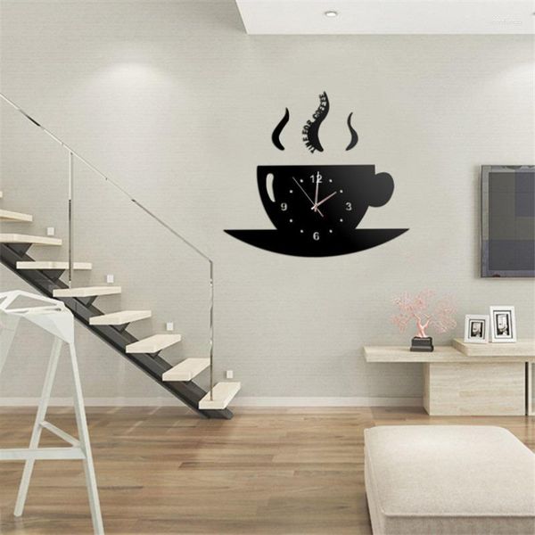 Relojes de pared Reloj 3D Diseño moderno Moda Silencioso Creativo Autoadhesivo Papel Cocina Decoración Klok Taza de café