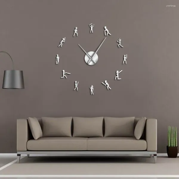 Relojes de pared 3D jugador de Cricket deportista silueta espejo pegatina DIY reloj grande deporte niños adolescentes decoración de la habitación Cricketer reloj silencioso