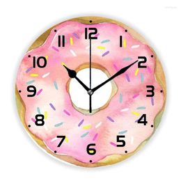 Wandklokken 3D schattige roze aquarel donut met hagelslag keukenklok girly donut rond horloge voor kinderkamer kinderkamer decor cadeau