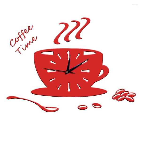Horloges murales 3D bricolage acrylique horloge cuisine moderne décor à la maison café temps tasse forme autocollant chiffre creux (rouge aléatoire