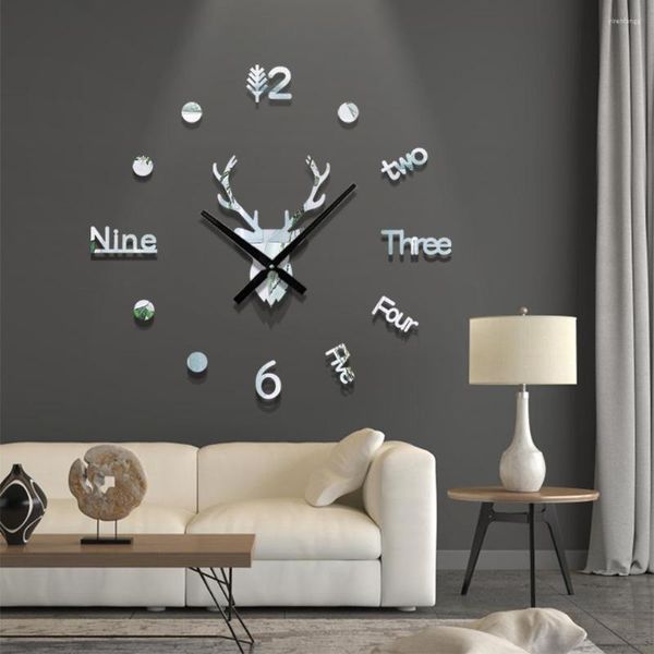 Relojes de pared 3D ELK, pegatinas creativas DIY, reloj de diseño moderno, reloj de cuarzo, espejo acrílico silencioso para decoración de Navidad de cafetería interior