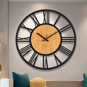 Relojes de pared 3D grandes números romanos nórdicos retro madera redonda metal hierro preciso silencioso adorno colgante decoración de la sala de estar 231030