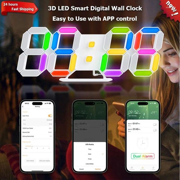 Horloges murales 3D LED Smart Digital Clock App Remote Control Multifinection Table Table Home Decoration