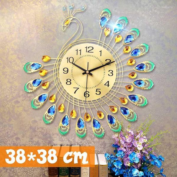 Horloges murales 3D luxe diamant paon en forme d'horloge montre en métal pour la maison chambre bureau décor bricolage artisanat ornements cadeau 38X38cm