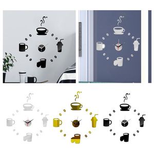 Horloges murales 3D miroir horloge auto-adhésif moderne muet acrylique art analogique cuisine bricolage tasses à café type chambre décoration de la maison