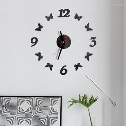 Horloges murales 3D miroir chiffres romains horloge autocollants élégant bricolage papillon pour la maison art salon bureau décoration