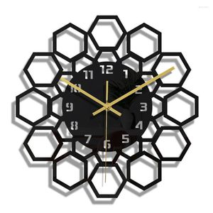 Horloges murales 3D en trois dimensions noir hexagonal acrylique miroir horloge numérique décoration de la maison silencieuse