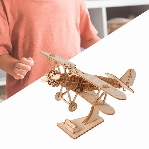 Relojes de pared Rompecabezas de madera 3D Modelo biplano Durable Regalos creativos de inauguración de la casa Artesanías de avión para la oficina en casa Granja Decoración para niños