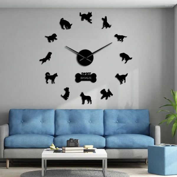 Horloges murales 3D Yorkshire Terrier Labrador Sibérien Husky Chihuahua Border Colie Berger allemand Races de chiens mixtes DIY Montre d'horloge géante