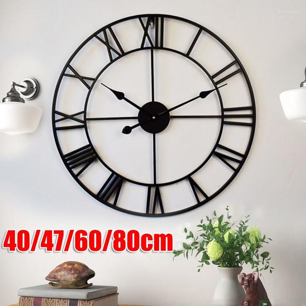 Horloges murales 40/47/60/80cm 3D grande horloge rétro en métal montée en fer rond creux chiffres romains nordiques décoration de la maison