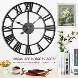 Horloges murales 40 47 60 80 cm moderne 3D grand rétro fer noir rond art creux horloge en métal nordique chiffres romains décoration de la maison 1358t
