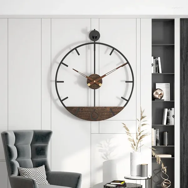 Horloges murales 50cm horloge de fer grande taille 3D métal nordique ronde grande montre noyer pionter décoration moderne pour salon