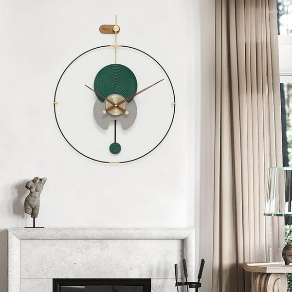 Relojes de pared 60 cm Redondo España Reloj minimalista Gris con péndulo silencioso nórdico verde Sala de estar Fondo Decoración para el hogar