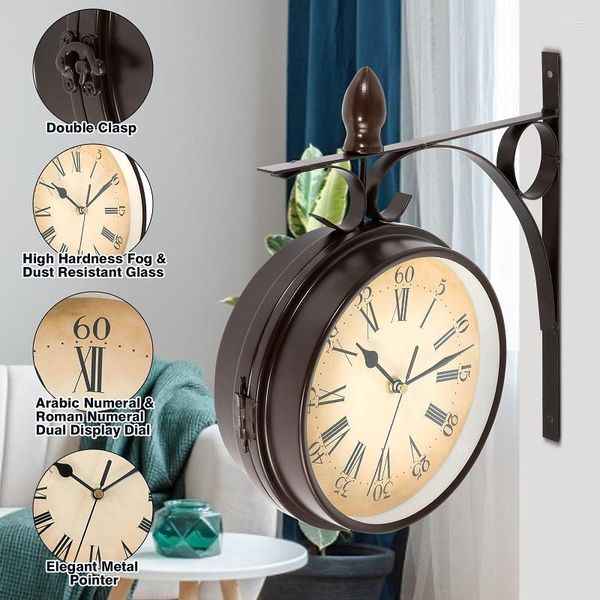 Horloges murales 8.7 '' Style unique horloge fer Double face silencieux Vintage alimenté par batterie suspendu maison chambre