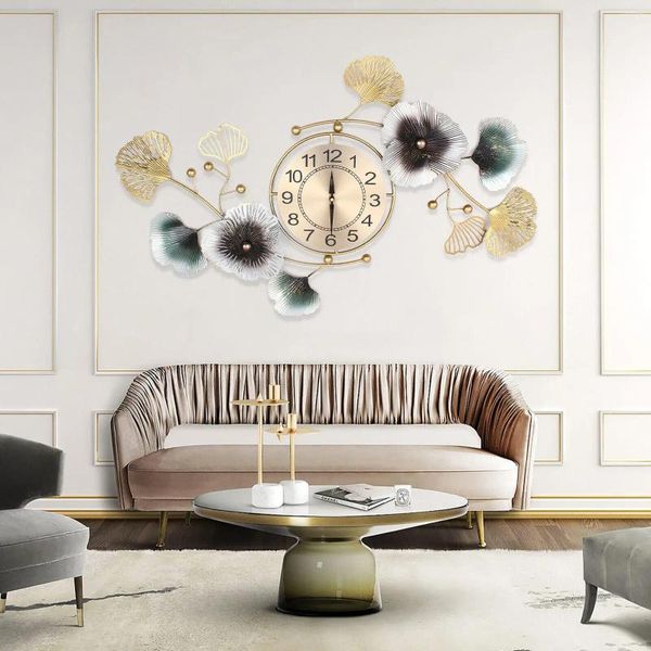 Horloges murales 90 45 cm Grande horloge Luxury Iron Ginkgo Leaf Metal Watch Salon Home Office Decoration