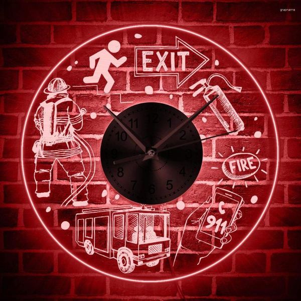 Horloges murales 911 pompier sauvetage incendie LED horloge suspendue sécurité publique acrylique lumière lumineuse extincteur département décor montre