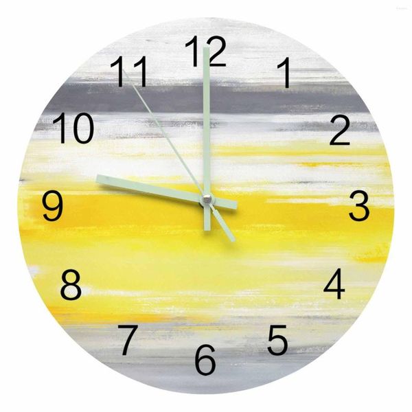 Horloges murales abstrait gris jaune Texture pointeur lumineux horloge maison ornements rond silencieux salon chambre bureau décor