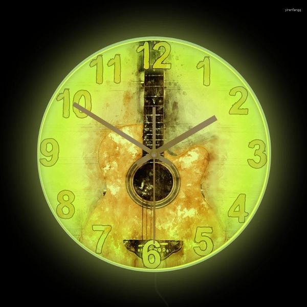 Horloges murales Guitare acoustique Or Couleur Impression Horloge Musique Studio Décor Aquarelle Instrument de musique LED Veilleuse Guitariste Cadeau