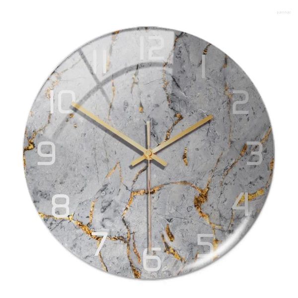 Relojes de pared Acrílico Gris Mármol Patrón Amarillo Reloj Adhesivo Aguja de Metal Mecanismo Silencioso Sala de Estar Moderna Decoración del Hogar