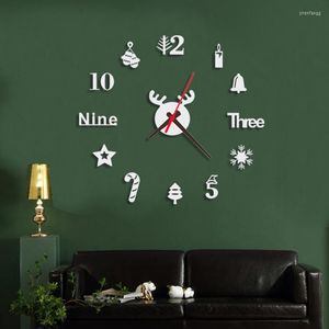 Horloges murales Acrylique Miroir Autocollant 3D Horloge Montre Avec Mouvement Professionnel Elk Candy Cane Pour Intérieur Magasins Art Décoration