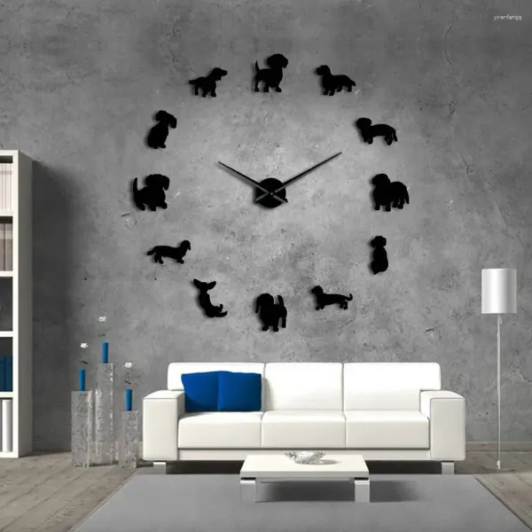 Relojes de pared Etiqueta de espejo acrílico Pegatinas de reloj decorativas grandes Diseño moderno para sala de estar Reloj Reloj negro Perros creativos