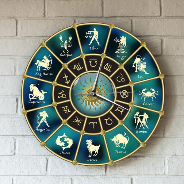 Relojes de pared Acrílico Mudo Oro Azul Horóscopo Círculo Con Reloj Signos de la constelación del zodiaco Símbolo de la astrología Decoración para el hogar WatchWal