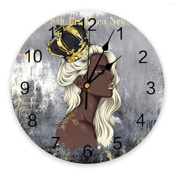 Relojes de pared Chica africana Pintura gris Habitación grande para niños Reloj silencioso Oficina Decoración para el hogar Regalo colgante de 10 pulgadas