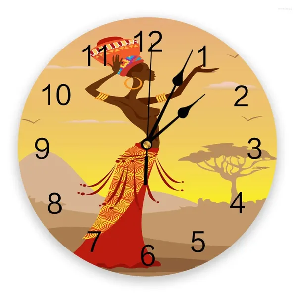 Horloges murales Femme africaine Horloge ethnique Salon Décor à la maison Grand rond muet Quartz Table Chambre Décoration Montre